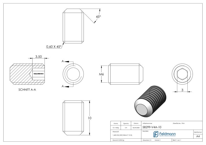 Gewindestift M6x10, V4A, DIN 913 / ISO 4026