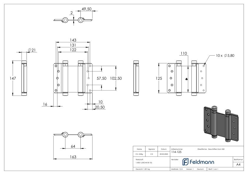 Pendeltürband zum Anschrauben, ein Paar, Edelstahl V2A