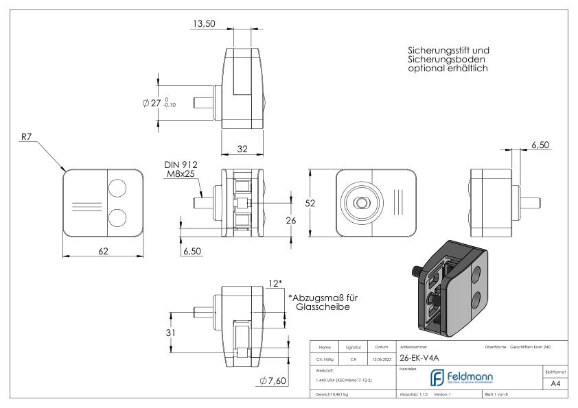 Sichtschutz Endglasklemme Mod. 26, V4A
