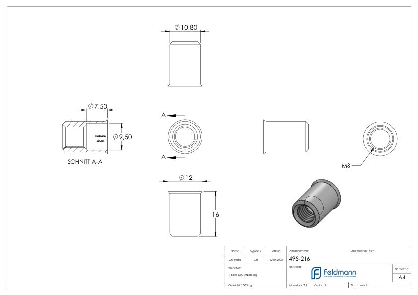 Blind-Einnietmutter, V2A M8/Loch 11mm, V2A Blind-Einnietmutter, V2A M8/Loch 11mm, V2A