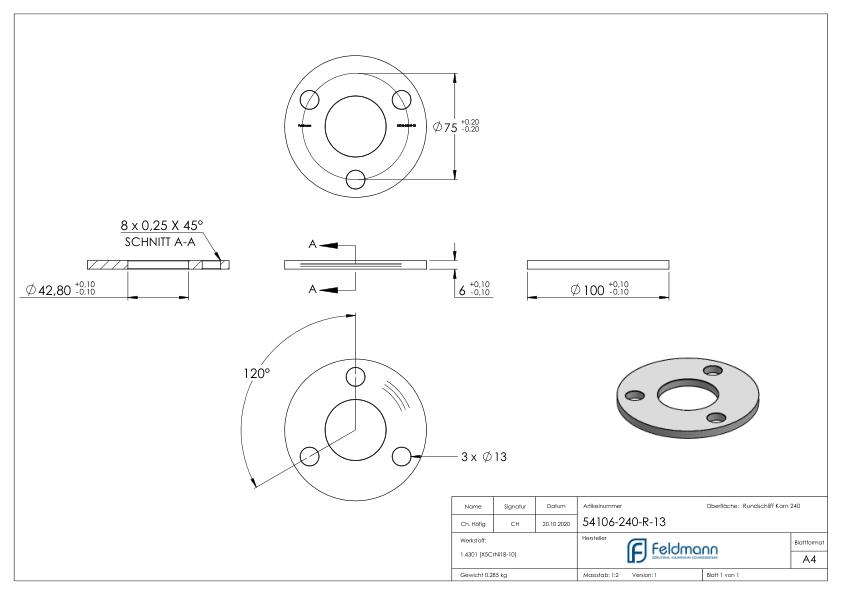 Ankerplatte Ø 100x6mm, mit Rundschliff, V2A