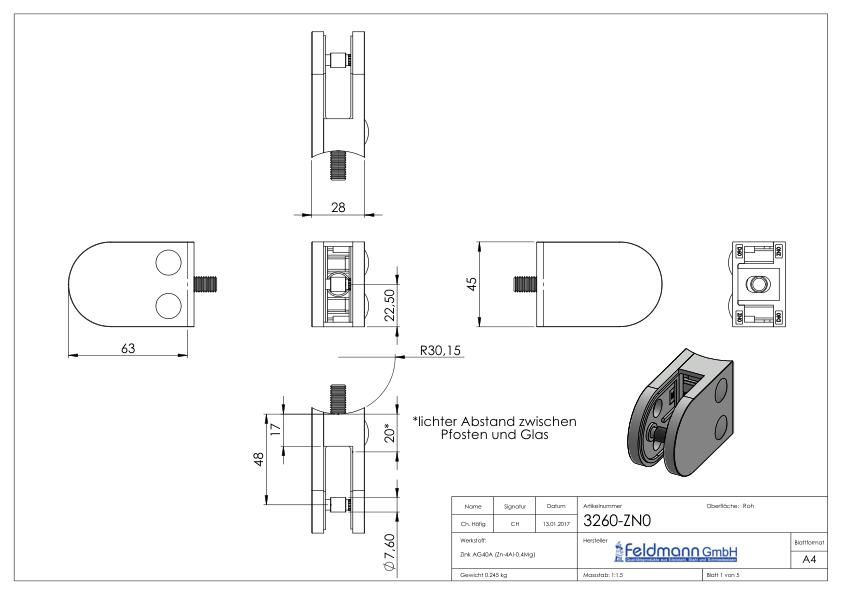 Glasklemme Mod. 32, Anschluss: 60,3mm, Zink roh