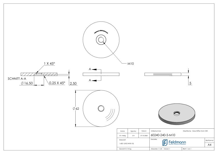 Unterteil für 62mm Glaspunkthalter, t: 5mm, mit M10, V2A