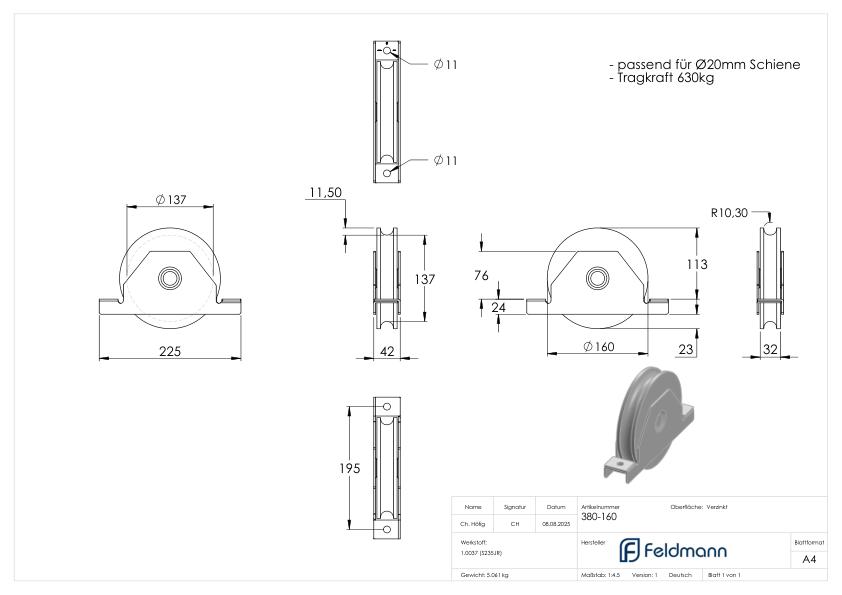 Schiebetorrolle mit Rundrille, Ø 160mm, für Schiene Ø 20mm, 2 Kugellager, verzinkt