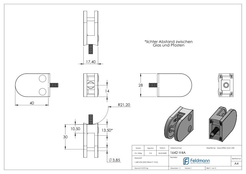 Glasklemme Mod. 16, Anschluss: 42,4mm, V4A