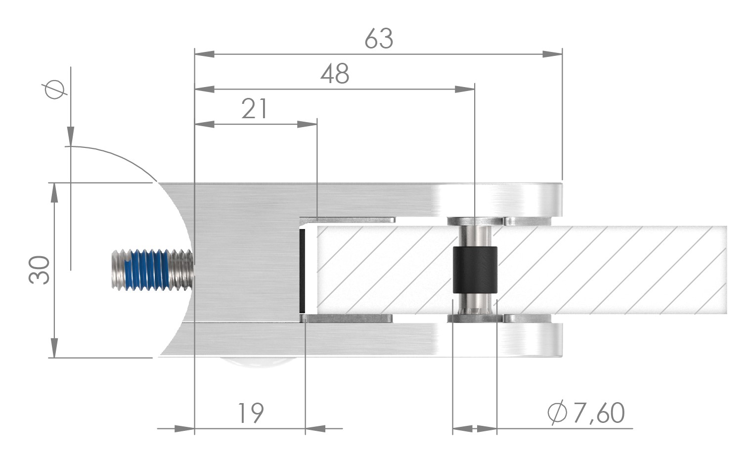 Glasklemme Mod. 38, Anschluss: 33,7mm, VA-Effekt