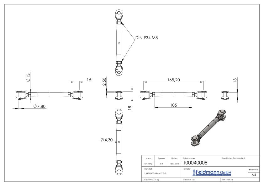 Wantenspanner Gabel/Gabel mit Gewinde M8, V4A