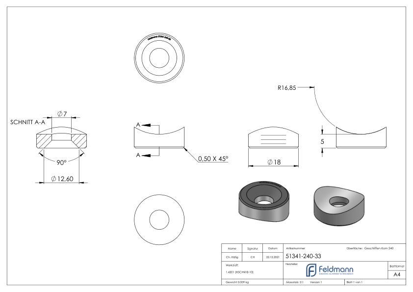 Ausgleichsstück für Rohr 33,7mm, Ø 18mm, mit gesenkter Bohrung 7mm, V2A