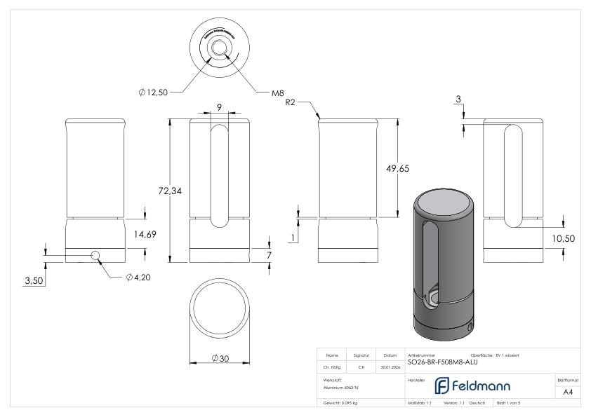 Brenk Grundhalter für Flachstäbe 50x8mm, ALU