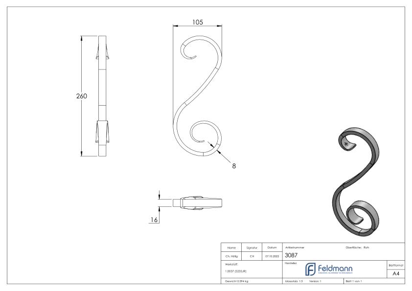 S-Schnecke 16x8mm, 260x105mm
