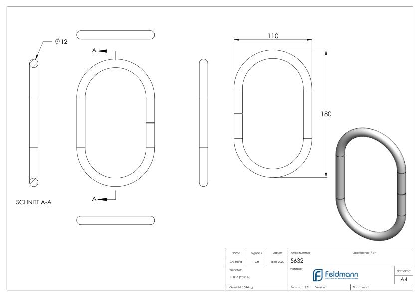 Ring 12mm, oval, 180x110mm