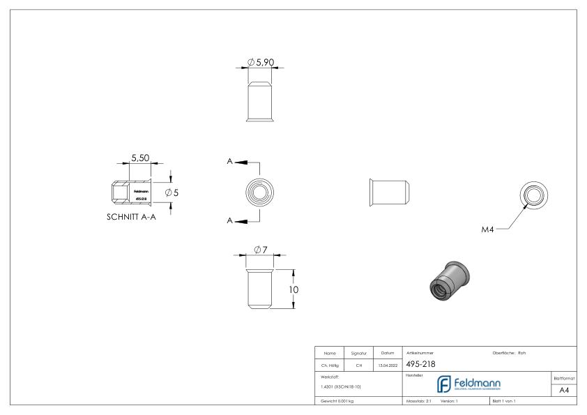 Blind-Einnietmutter, V2A, M4/Loch 6mm, V2A Blind-Einnietmutter, V2A, M4/Loch 6mm, V2A