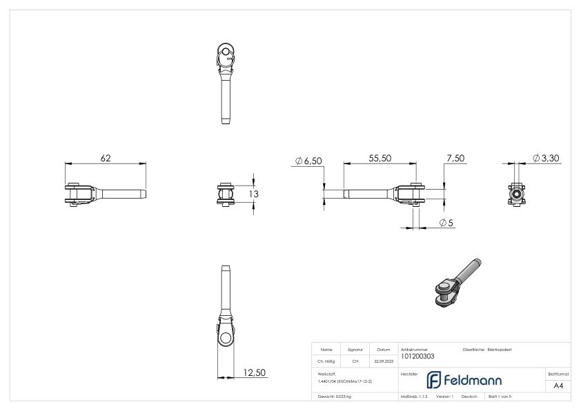 Gabelterminal zum Selbstverpressen für Seil Ø 3mm, V4A