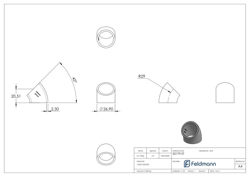 Schweißbogen 45°, 26,9 x 2,3mm, Bauart 3