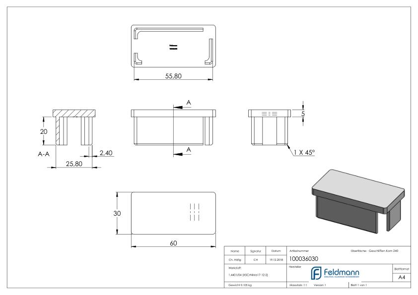 Einsteckkappe, für Rohr 60x30x2,0mm, V4A