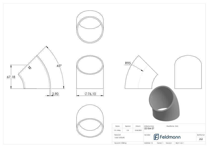 Schweißbogen 45°, 76,1 x 2,9mm, Bauart 3