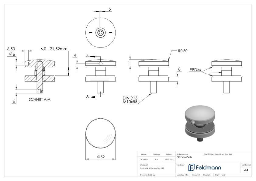 Glaspunkthalter 52mm, Anschluss: flach, V4A