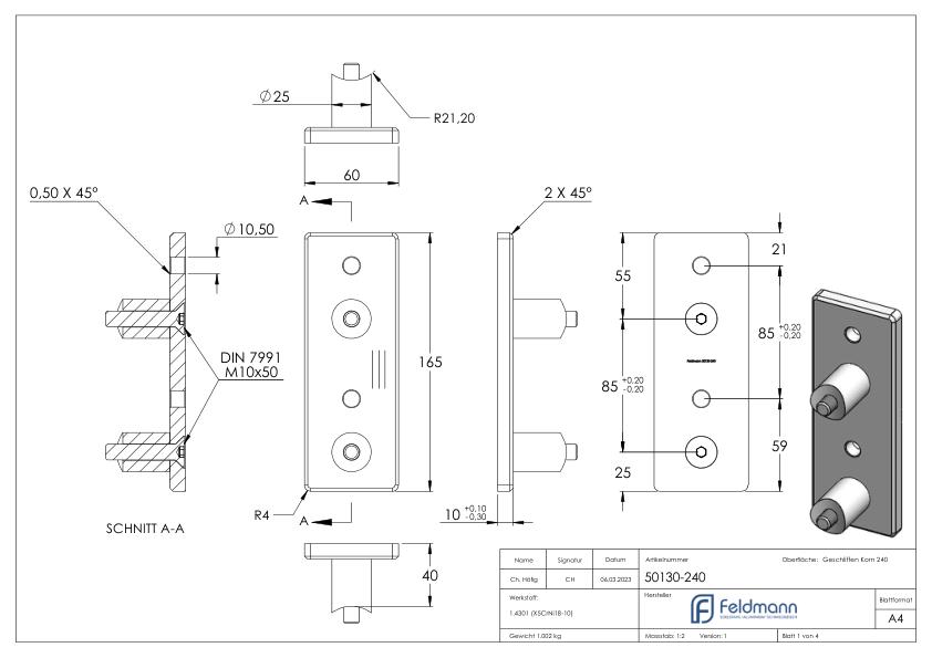 Wandbefestigung für Geländerpfosten 42,4mm, V2A