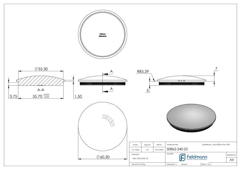 Rohrabschlussstopfen, für Rohr 60,3x2,5mm, V2A