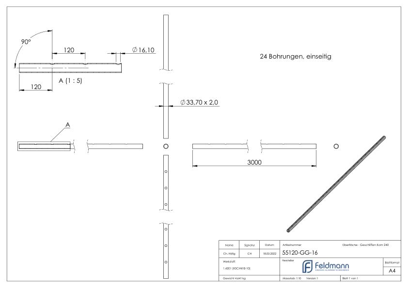 Edelstahlrohr, eins. gelocht 16,1mm, 33,7x2,0mm, L: 3000mm, V2A