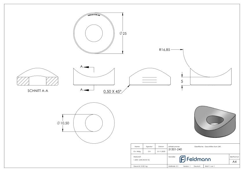 Ausgleichsstück für Rohr 33,7mm, Ø 25mm, V2A