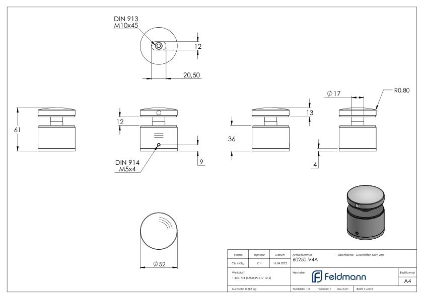 Glaspunkthalter 52mm, flach, verstellbar, V4A