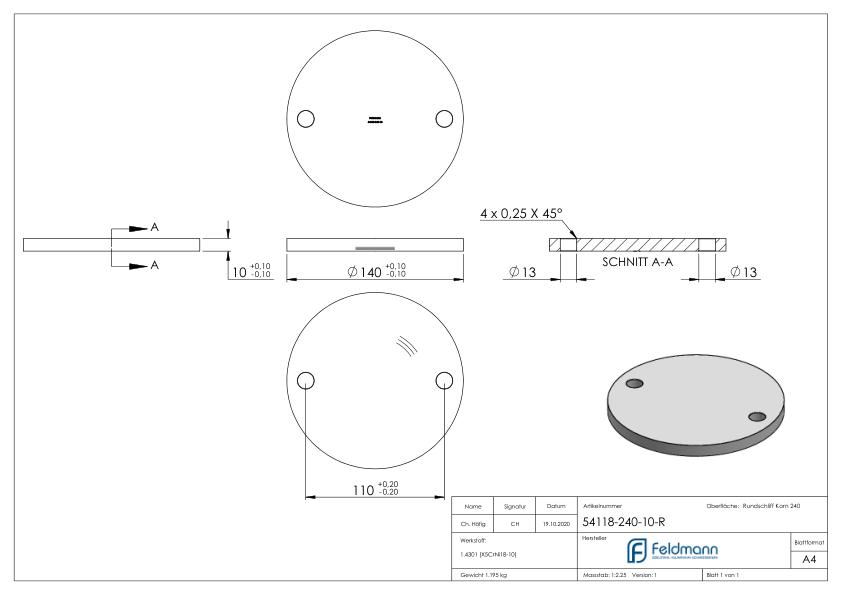 Ankerplatte Ø 140x10mm, mit Rundschliff, V2A