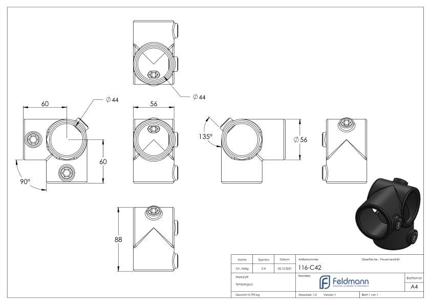 Eckstück, für Rohr Ø 42,4mm