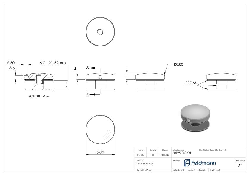 Oberteil für 52mm Glaspunkthalter, V2A