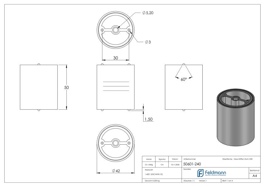 Verbinder für 42mm Holzhandlauf, V2A