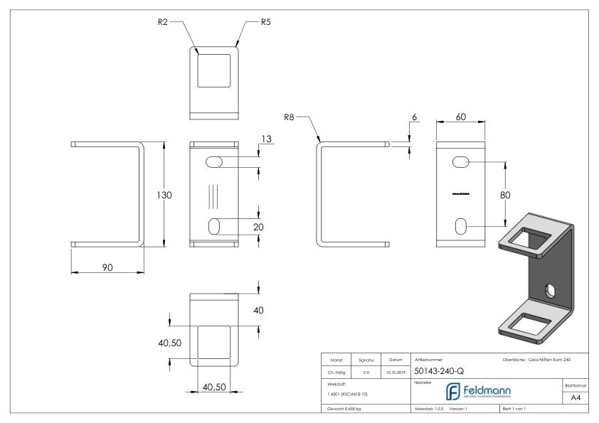 Wandbefestigung für Geländerpfosten 40x40mm, V2A