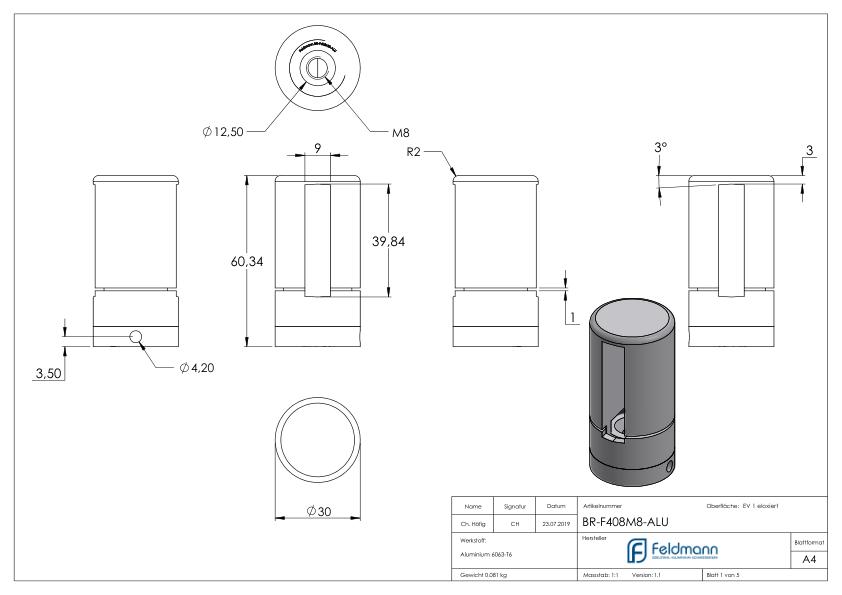 Brenk Grundhalter für Flachstäbe 40x8mm, ALU