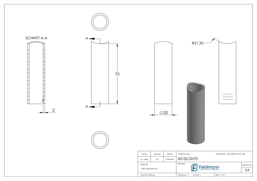 Distanzhülse, L: 70mm, für 42,4mm, V2A