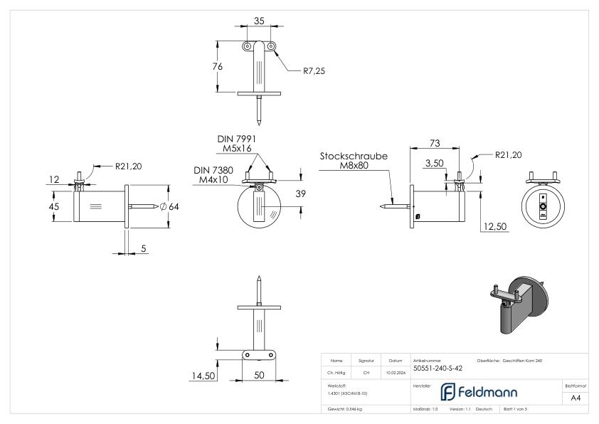 Sensa Design 2, für Rohr 42,4mm, mit Gelenk für Steigung, V2A