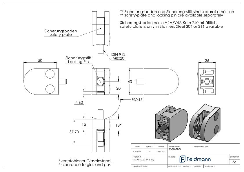 Glasklemme Mod. 30, Anschluss: 60,3mm, Zink roh