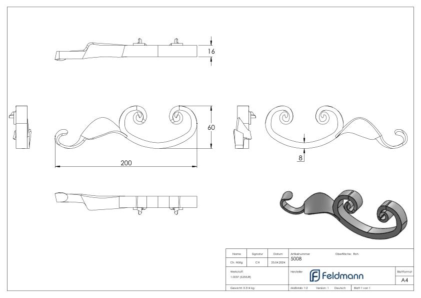 C-Schnecke 16x8mm, 60x200mm, LI