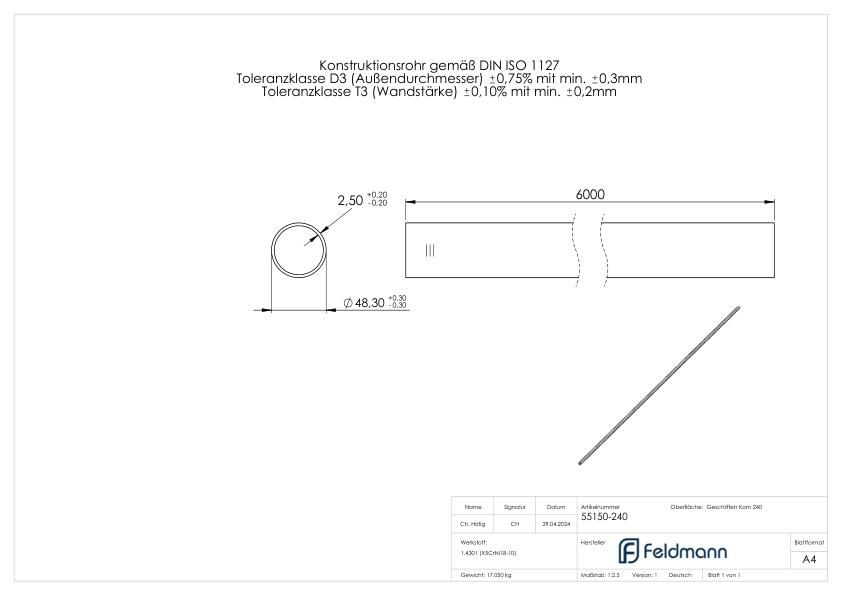 Edelstahlrohr, 48,3x2,5mm, L: 6000mm, V2A