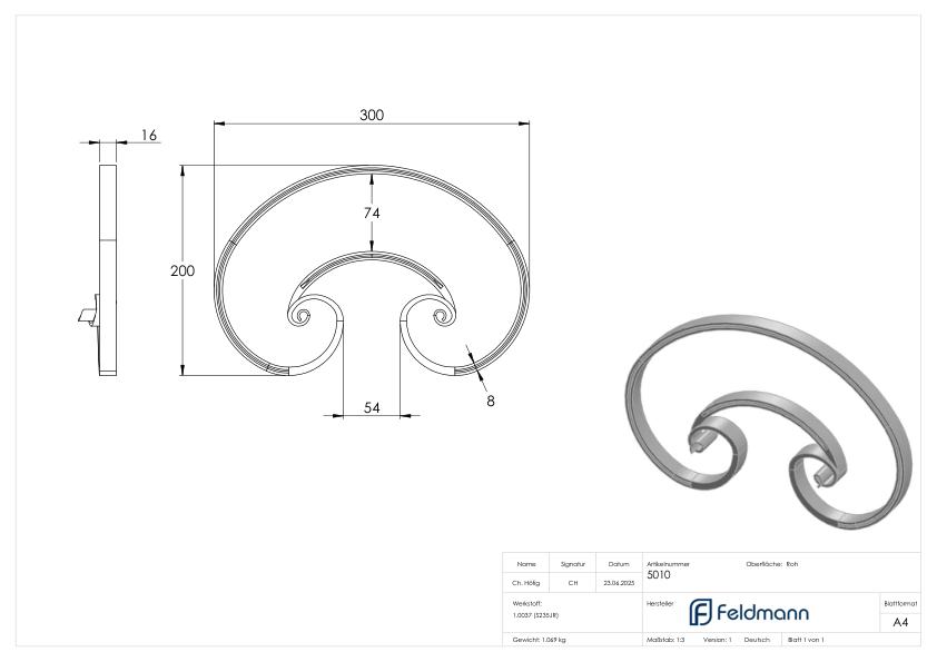 C-Schnecke 16x8mm, 200x300mm