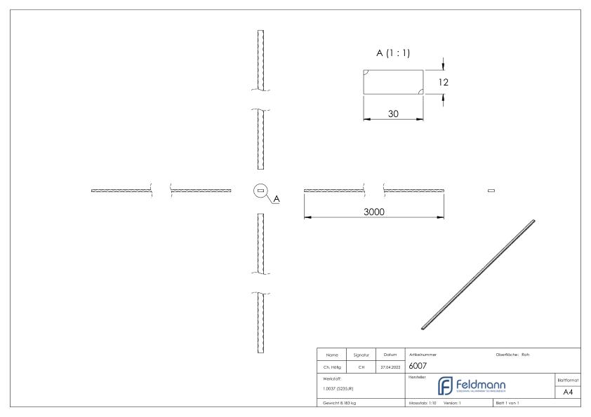 Flacheisen S235JR, 30x12mm, L: 3000mm