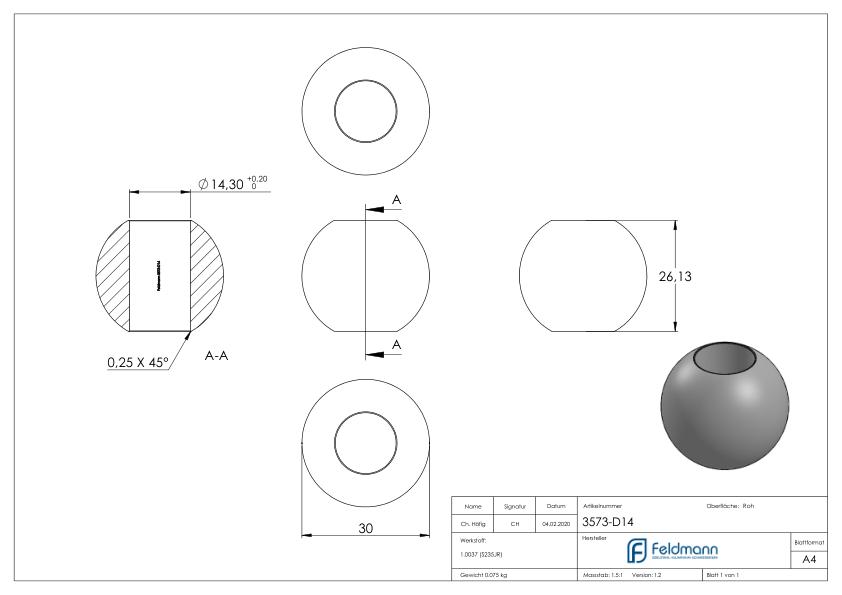 Massivkugel 30mm, mit Durchgangsbohrung 14,3mm