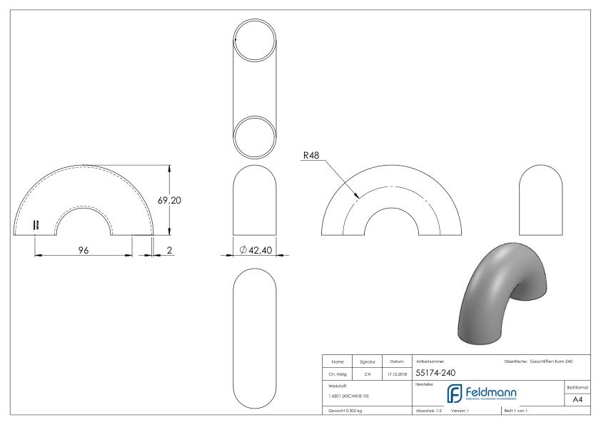 Schweißbogen 180°, 42,4x2,0mm, V2A