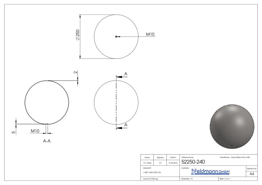 Hohlkugel Ø 250mm mit Gewinde M10, V2A