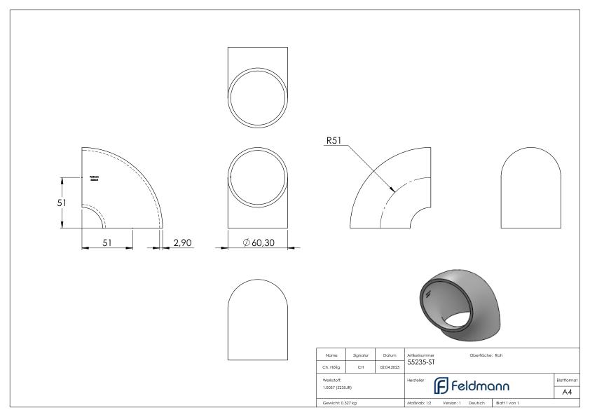 Schweißbogen 90°, 60,3 x 2,9mm, Bauart 2
