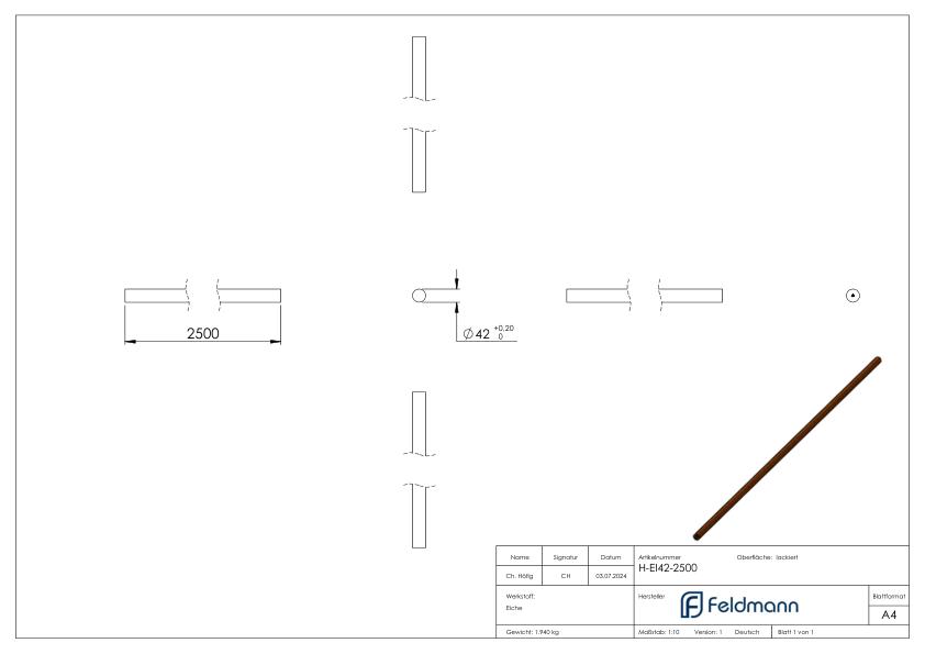 Holzhandlauf Eiche, Ø 42,4mm, L: 2500mm
