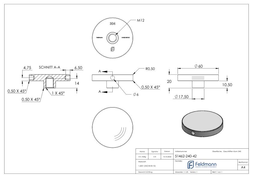 Schraubplatte Ø 60mm mit M12 Gewinde, V2A