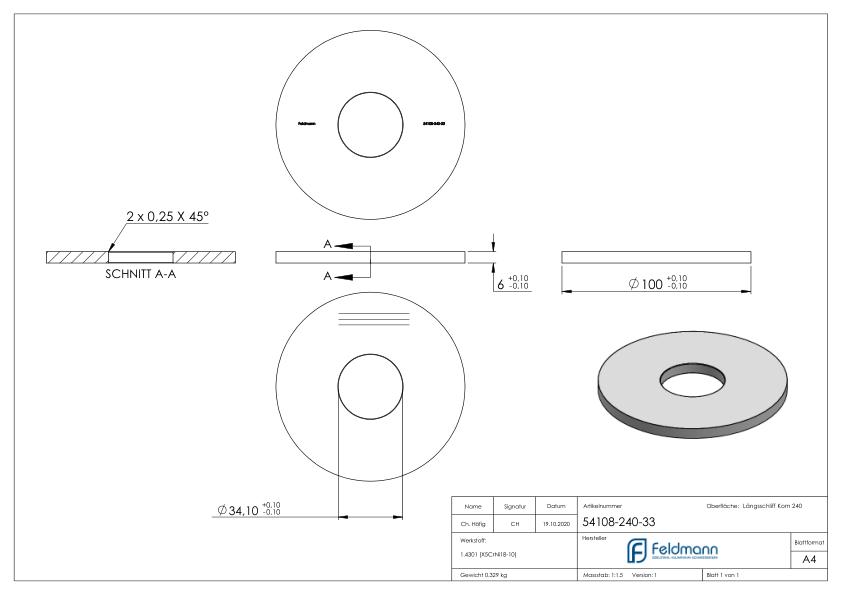 Ankerplatte Ø 100x6mm, mit Längsschliff, V2A