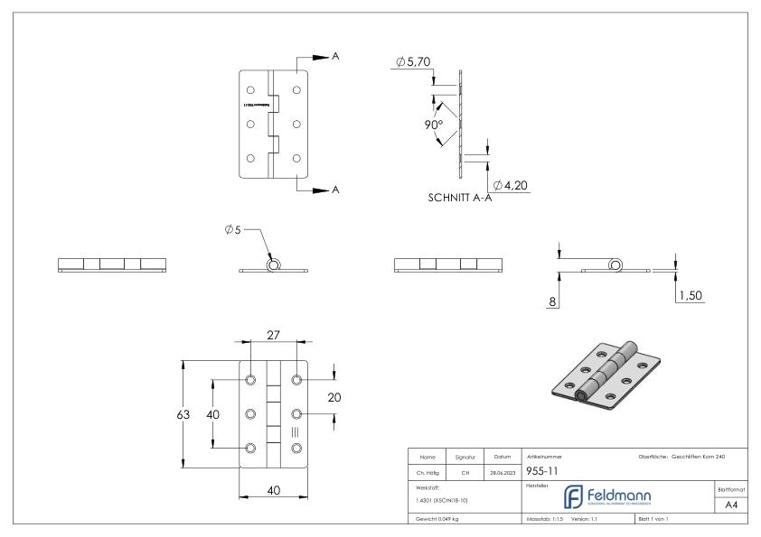 Edelstahl-Scharnier 63x40mm mit festem Zapfen