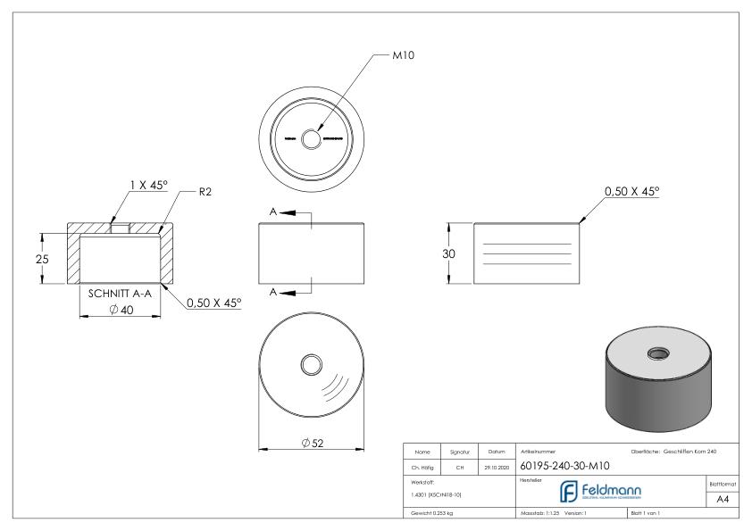 Unterteil für 52mm Glaspunkthalter, t: 30mm, mit M10, V2A