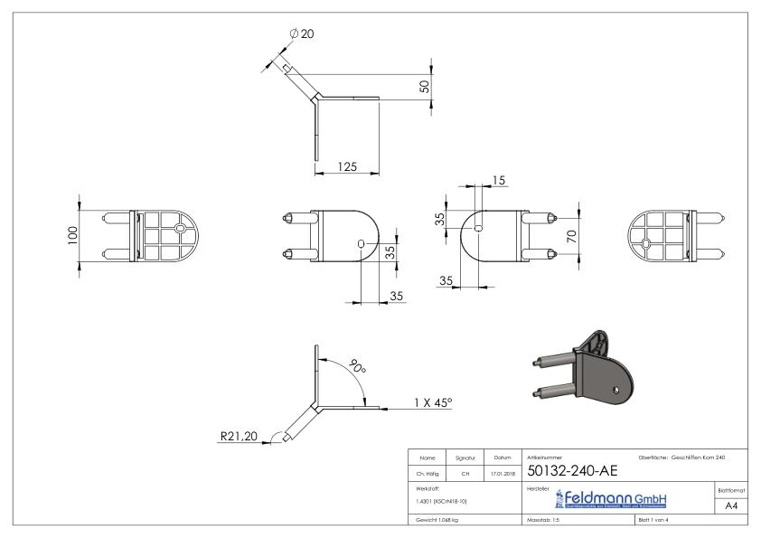 Wandbefestigung für Geländerpfosten 90° Außenecke, V2A