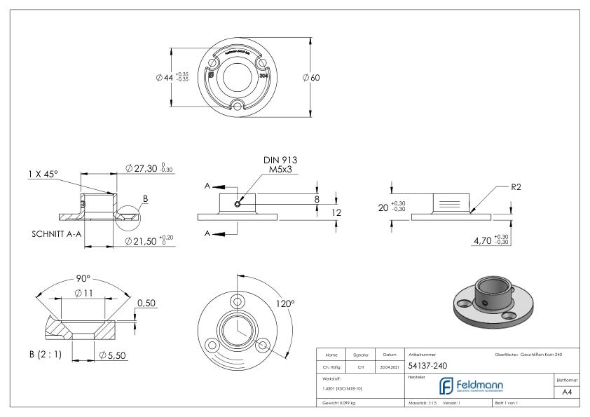 Wand- und Bodenanker, für Rohr 21,3mm, V2A